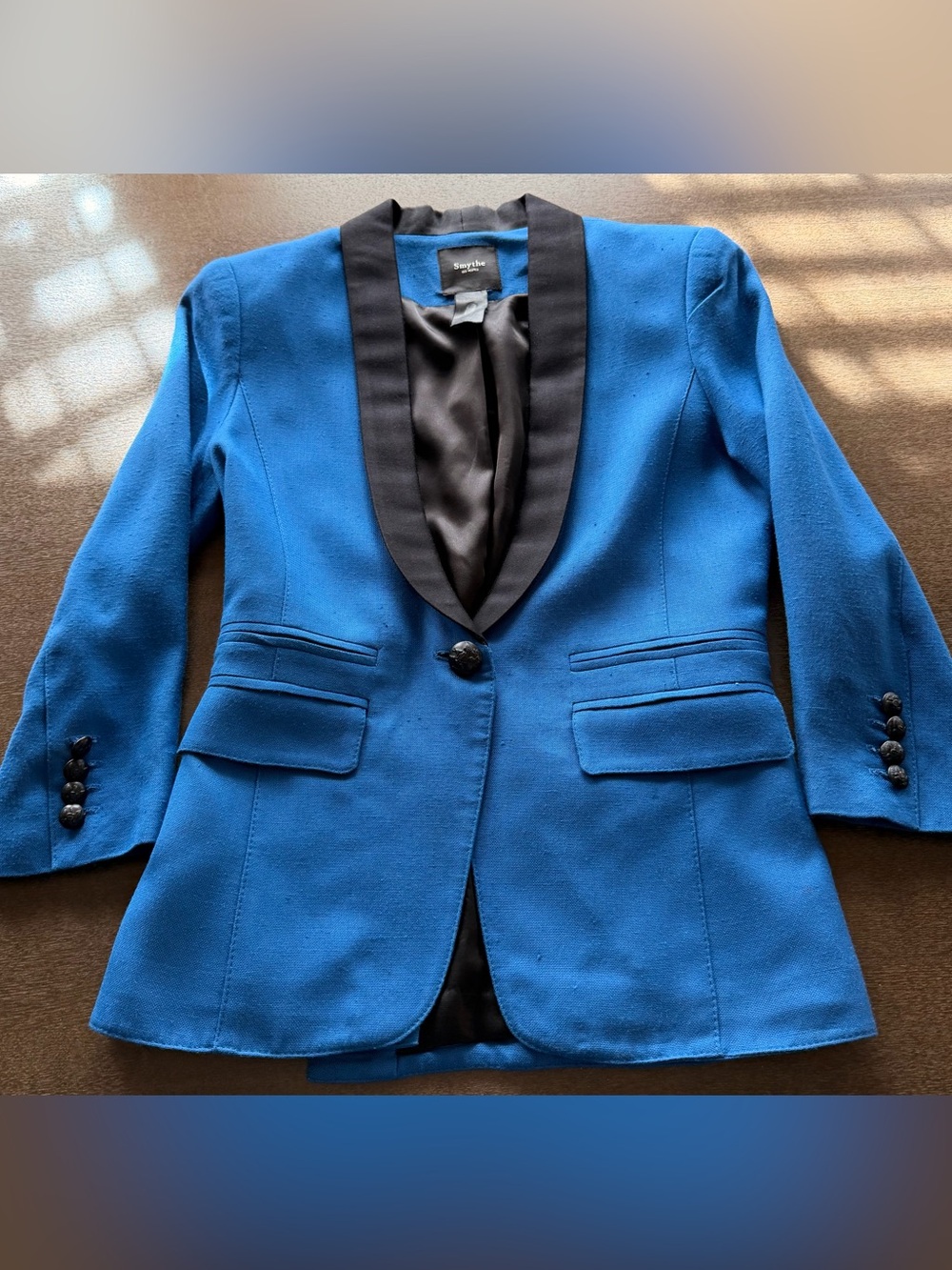 Smythe Cobalt Blue Shawl Collar Black Lapel One Button Blazer (as is) Sz 4